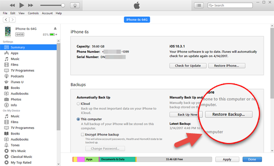 Restore deleted texts from the iTunes backup to iPhone