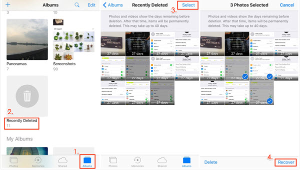 Recover Deleted iPhone Photos via Recently Deleted Folder.