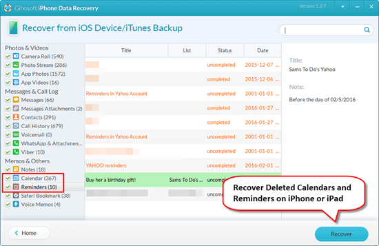 Recover Deleted Calendars or Reminders on iPhone without Backup